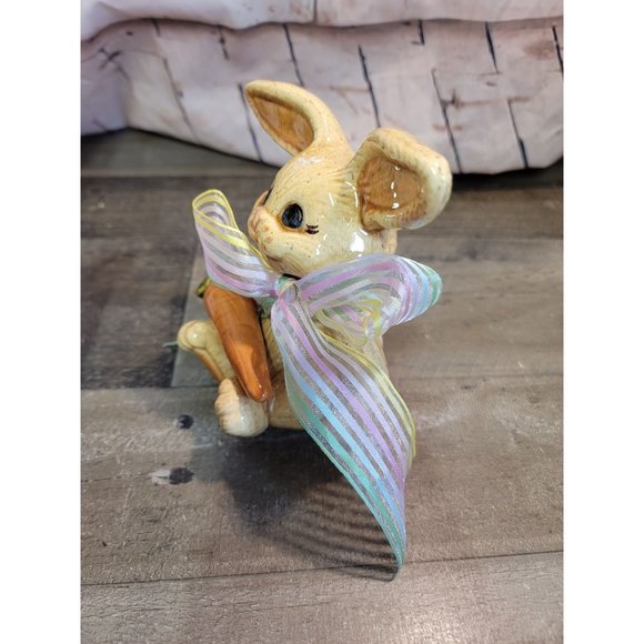 Ceramic brown easter bunny AS IS rabbit carrot bow decor figure - Picture 7 of 9